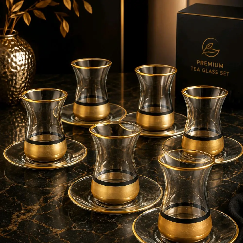 Gold Bottom Black Stripe Six Piece Tea Cup Set Gold Bottom Black Stripe Six Piece Tea Cup Set