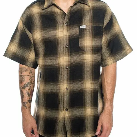 CALTOP Men's Vintage Plaid Checked Veterano Short-Sleeve Button-Up Collared Shirt - Classic Casual Loose-Fit Twist Design Top, Old-School Retro Style, Quality Fabric, Small