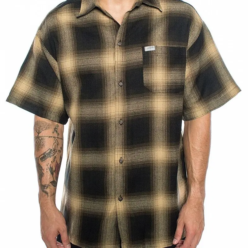 CALTOP Men's Vintage Plaid Checked Veterano Short-Sleeve Button-Up Collared Shirt - Classic Casual Loose-Fit Twist Design Top, Old-School Retro Style, Quality Fabric, Small