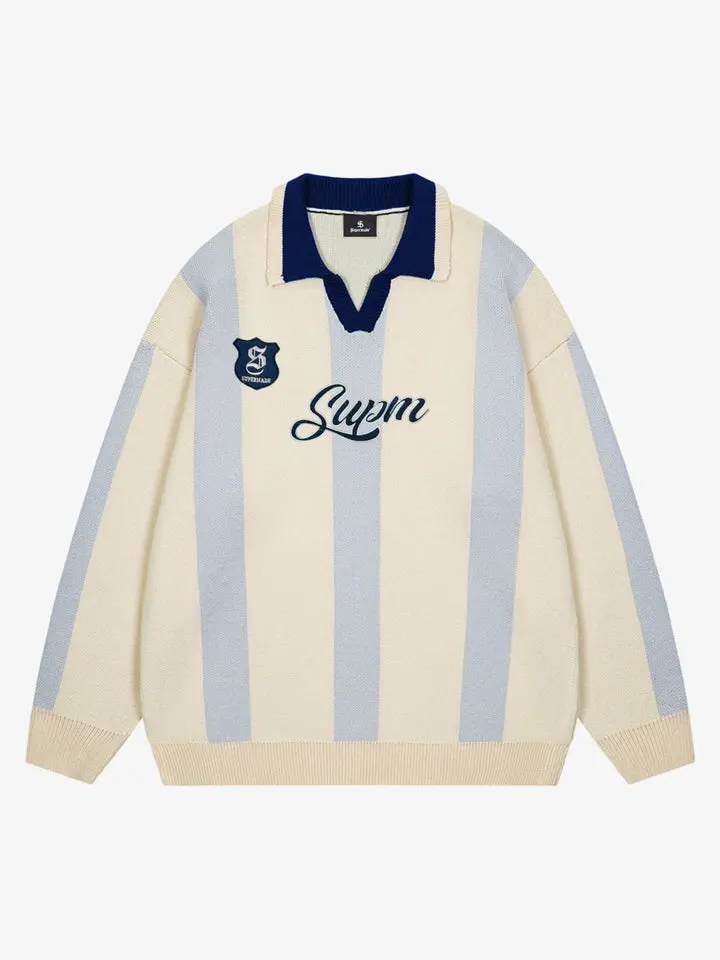 Thesupermade Vertical Striped Colorblock Lapel Sweater | Embroidered Logo Contrast Collar Streetwear Top Men Women