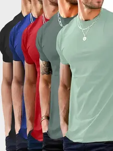 Men's Regular Fit 5pcs Plain Round Neck Tee, Casual Solid Short Sleeve T-shirt for Summer, Men's Top for Daily Wear, Trendy T-shirts, Fitted