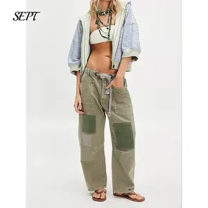 Baggy Barrel Jeans Women Drawstring Low Rise Wide Leg Boyfriend Patchwork Jeans Casual Cropped Denim Pants For Fall Winter Womenswear(Sheets)