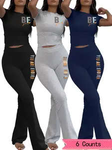 Women's Letter Print Short Sleeve Fitted Tee & Flare Leg Pants Set, Casual Round Neck T-shirt & Bell Bottom Trousers for Daily Wear, Ladies Summer Clothes Valentine's Day, gift