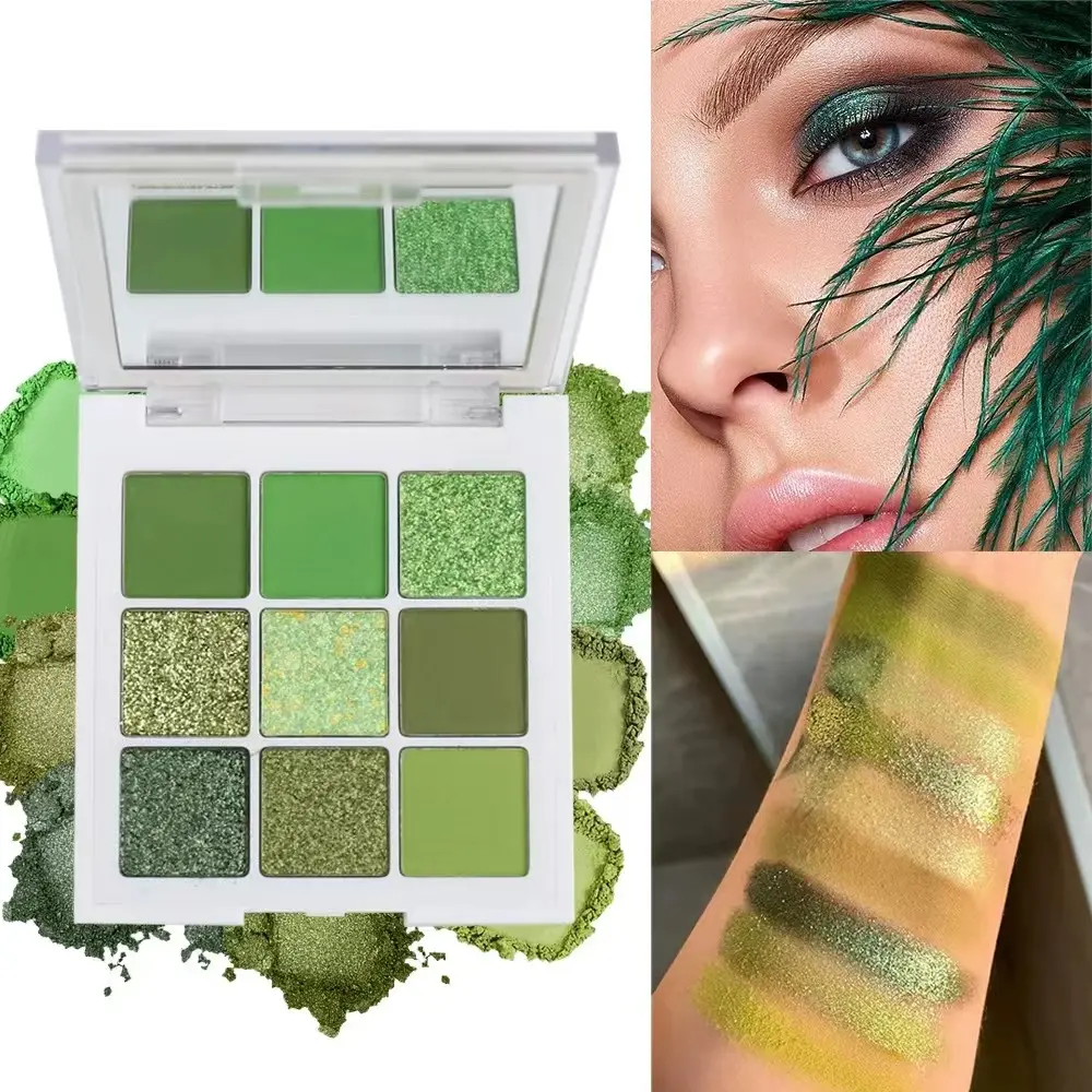 9 Color Green Eyeshadow Palette, Matte Shimmer Glitter Eye Makeup Palette, Highly Pigmented Blendable Eyeshadow for Women