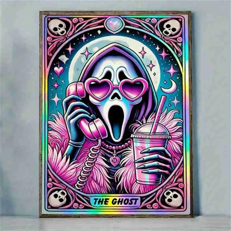 5D Full Drill Diamond Painting Kit - Retro Cartoon Ghostface with Pink Heart Sunglasses & Drink, Round Acrylic Diamonds, Pastel Goth Themed DIY Art, Halloween Handmade Gifts, Ideal Gift for Horror & Craft Enthusiasts