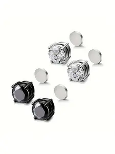 Unisex Stainless Steel Magnetic Ear Studs, No Piercing Needed, Rhinestone Zirconia Design, Hip Hop Style Jewelry for Men & Women, Magnetic Stud Earrings, Non Piercing Jewelry