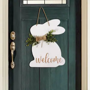 Easter Wreath Decorations Door Hanger, 1Pc Rustic Wooden Easter Bunny Welcome Sign Egg Hunt Easter Decor, Easter Hanging Door Decorations for Wall Home Indoor Outdoor Spring Decor Supplies