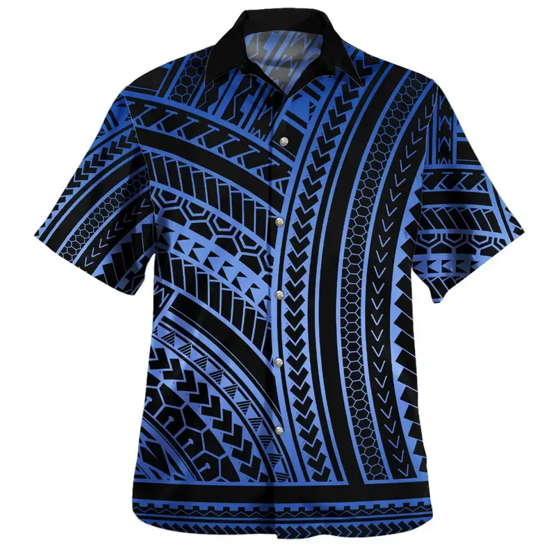 Men's Blue and Black Tribal Print Shirt - Polynesian Pattern Casual Aloha Top