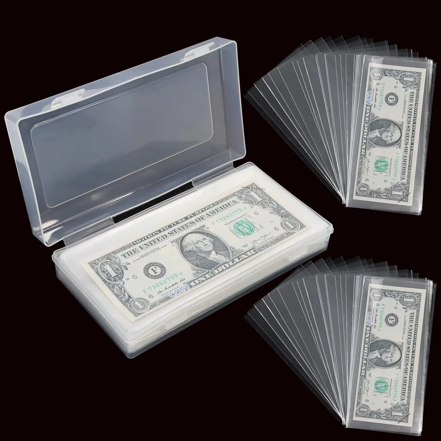 200-Piece PVC Plastic Currency Sleeves - 6.8 x 3.18 in Crystal-Clear Protection Holders for Money, Dollar Bills, Stamps, with Toploader Storage Box for Collectors (Domestic & Foreign Currency Compatible)
