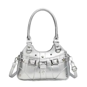 RIVERICH Gothic Punk 2-Way Patent Leather Ita Bag - Convertible Small Shoulder & Crossbody Bag with Clear Window | Reversible Dual Design, Detachable Strap, Star & Cross Charms Perfect for Anime Pins, Badge Display, Conventions & Daily Use