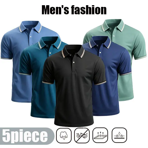 Men's 5-Pack Short-Sleeve Polo Shirts Set, Classic Notched Collar, Soft Lightweight Breathable Moisture-Wicking Fabric, Striped Athletic Activewear Top, Multiple Stylish Colors, Casual Sport Menswear