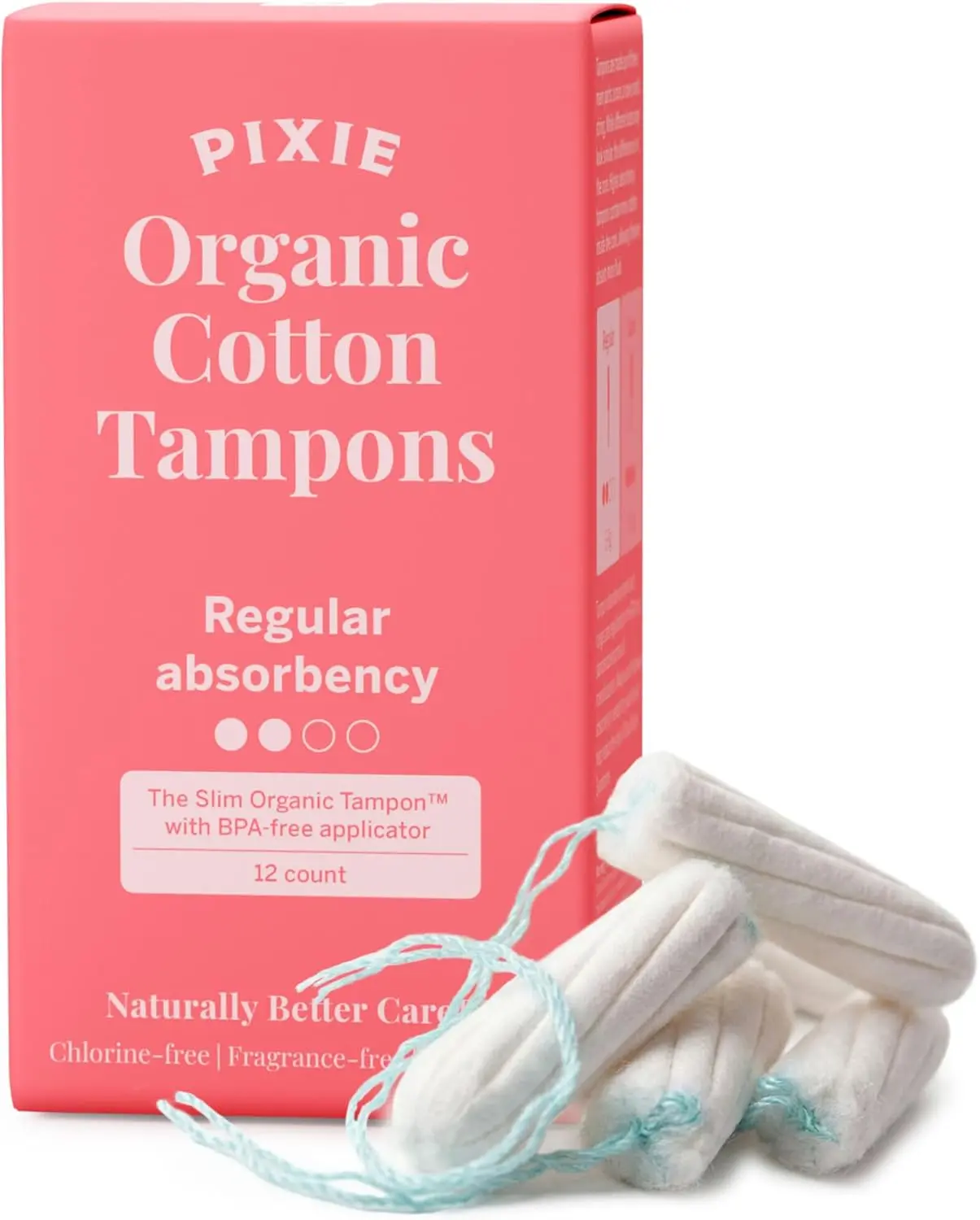Pixie Organic Cotton Tampons – Regular Absorbency – BPA-Free Long Applicator – Unscented, Chlorine-Free Feminine Care – 12 Count