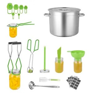 11-Piece Stainless Steel Water Bath Canning Starter Kit for Beginners, Home Supplies Set with Pot, Rack, Lid, Ladle, Funnel, Tongs, Jar Lifter, Wrench, Measuring Cup, Silicone Strawberry Canister & Tin Organiser drying dish tier