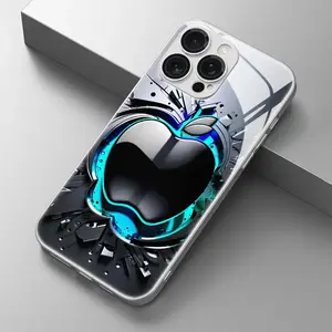 Creative Fashion Black Gray Stainless Steel Apple Pattern Metal Paint Tempered Glass Smartphone Casing - Cellphone Handheld Accessories for iPhone 11,12,13,14,15,16,17 Plus Pro Max