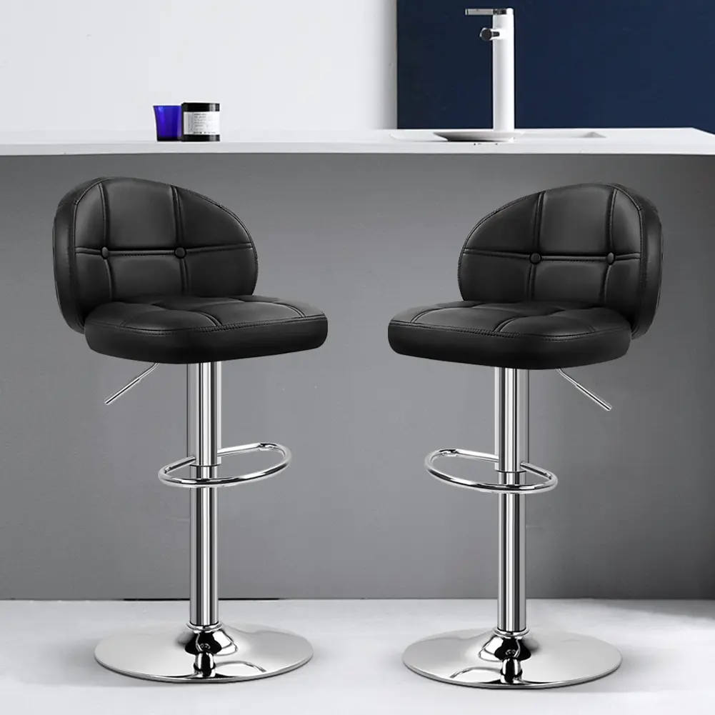 KKTONER Black Artificial Leather Home Bar Furniture - 2-Piece Modern Waterproof Rolling Barstools, 360-Rotatable Adjustable Lift Counter Height Chairs, Upholstered Backrest, Footrest for Pub Island