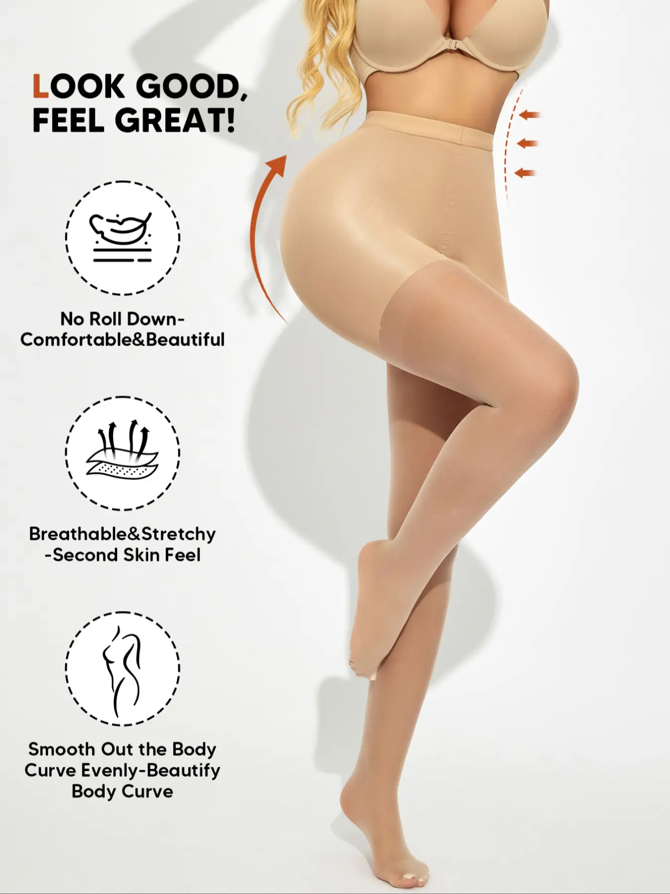 Women's High Elastic Tummy Control Compression Fitted Sheer Footed Pantyhose, Basic Nude Smooth Shaping Tights, Invisibly Reinforced Toe, Comfort & Durability, Style
