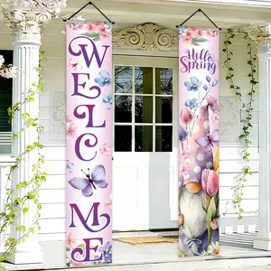 2D Flat, 1 Pair Spring Welcome Banner with Goblin in Purple Hat, Butterflies & Flowers - Spring Porch Sign for Easter Egg Hunt, Indoor/Outdoor Party Decorations, Party Decorations Banners, Spring Parties, Door Hanging Decorations, Banner