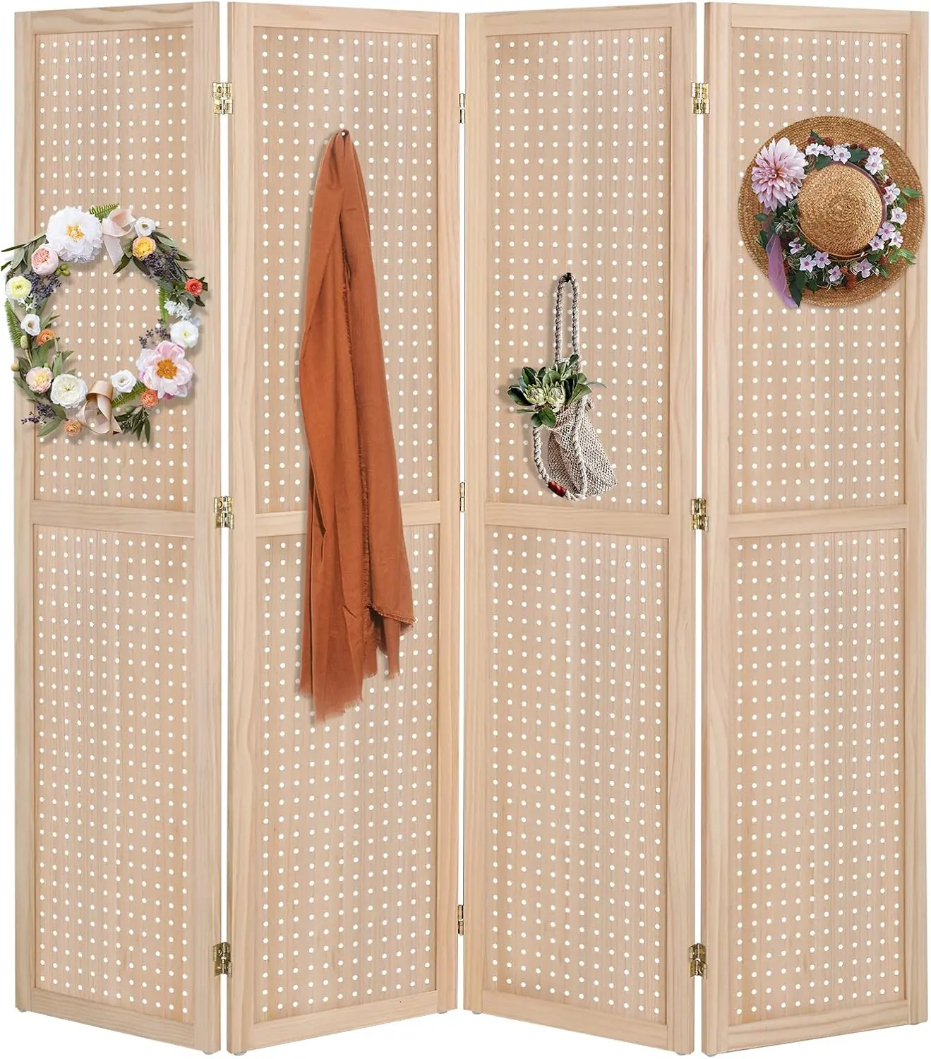 VINGLI 4-Panel Freestanding Wooden Room Divider - 5 FT Adjustable Indoor Privacy Screen, Portable Pegboard Organizer for Craft Show Jewelry (Natural, Freestanding Room Partitions), Room Dividers