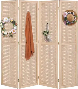 Bonnlo 4 Panel Pegboard Freestanding, 5 FT Portable Display Board Organizer for Craft Show Jewelry, Wooden Folding Privacy Screen Room Divider (Natural)