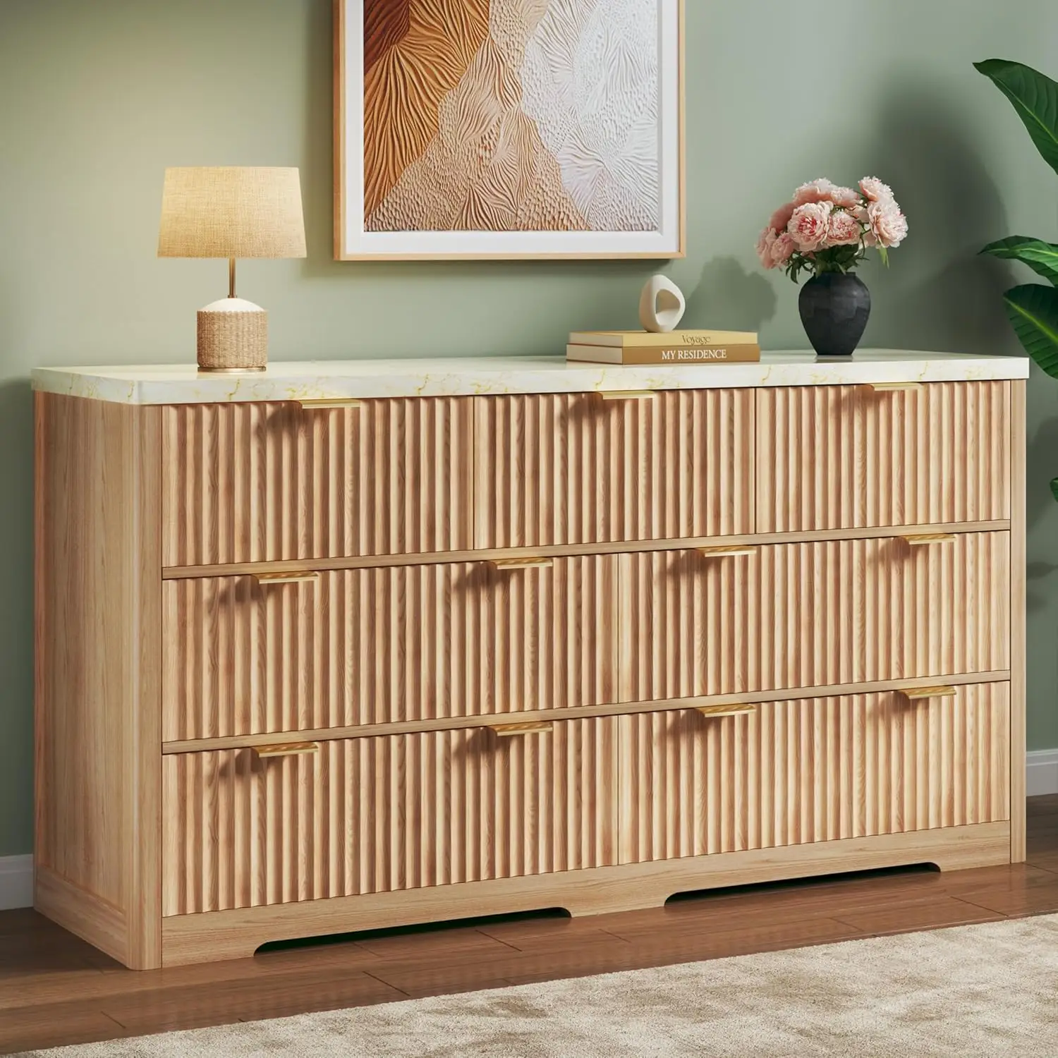Fluted Dresser for Bedroom with 7 Drawers, 53'' Modern Dressers with Faux Marble Top, Mid Century Chests of Drawers with Gold Handle & Curved Profile,