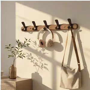 Wooden Wall Mount Coat Hook Rack, Heavy Duty Entryway Hook Rail With Rustproof Metal Hooks, Dual Installation Multi-Purpose Wall Hanger For Hats, Purses, Backpacks, Towels, Bathroom & Bedroom Storage Organizer