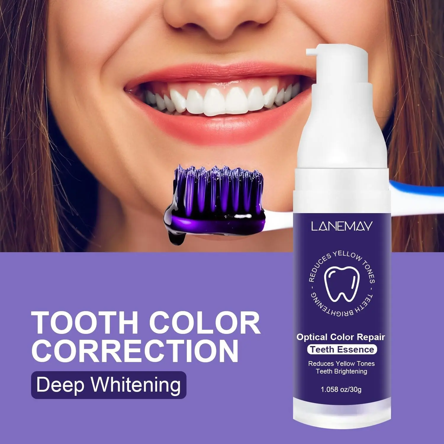 Purple whitening toothpaste, Teeth Brightener, Teeth Whitener, Teeth Brightening, deeply cleans, protects gums, eliminates bad breath and yellow teeth, made with natural ingredients, gently cares for gums, and boosts confidence and your smile.30g*2