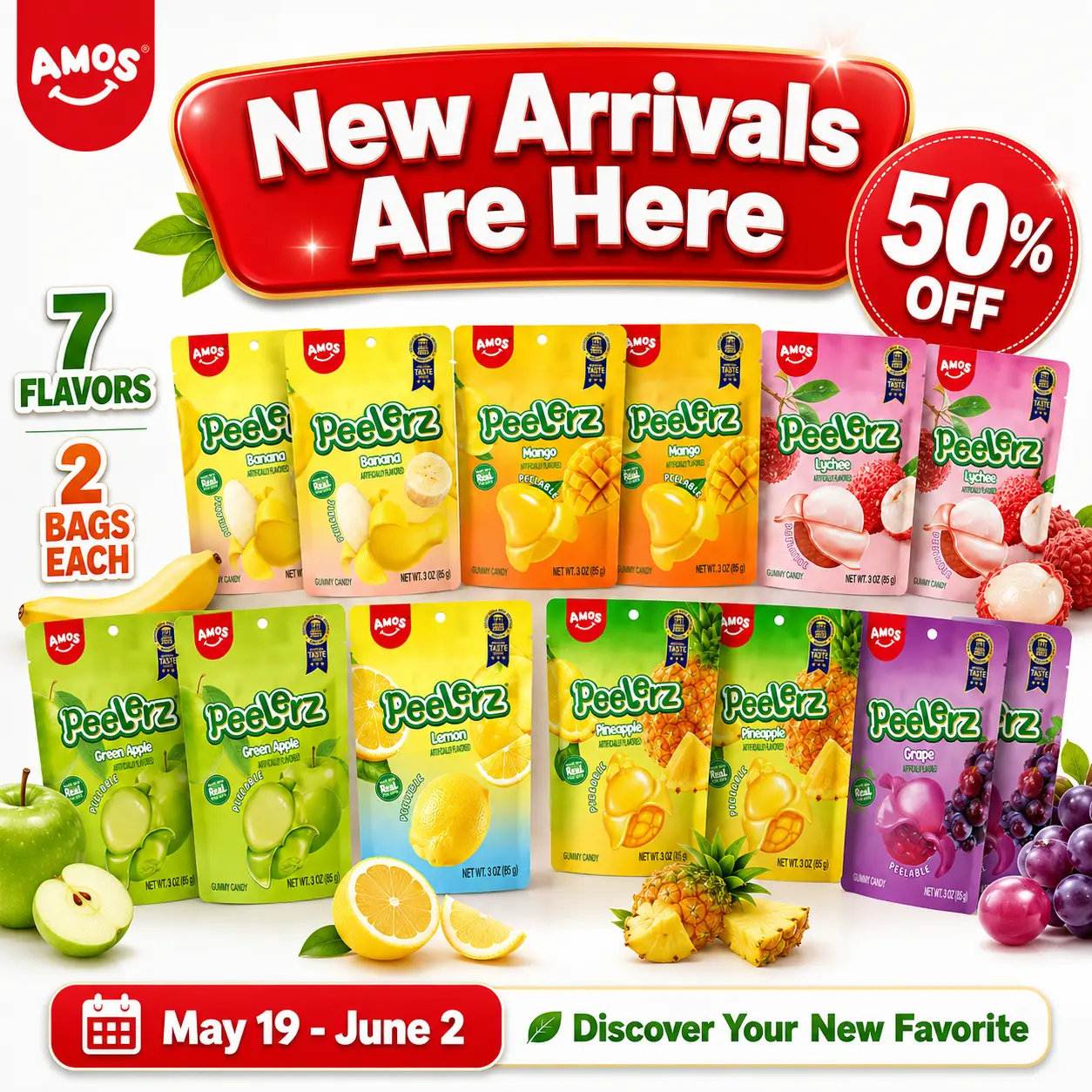 AMOS Peelerz Gummy Candy Variety Pack, 7 Fruity Flavors, Peelable Gummies, Banana Mango Lychee Apple Lemon Pineapple Grape, 14 Bags AMOS Peelerz Gummy Candy Variety Pack, 7 Fruity Flavors, Peelable Gummies, Banana Mango Lychee Apple Lemon Pineapple Grape, 14 Bags