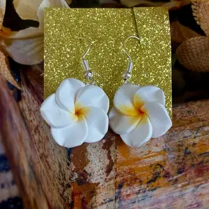 Hawaiian Plumeria Flower Earrings Dangle Silver Tone Frangipani Clay Small White Handcrafted Jewelry