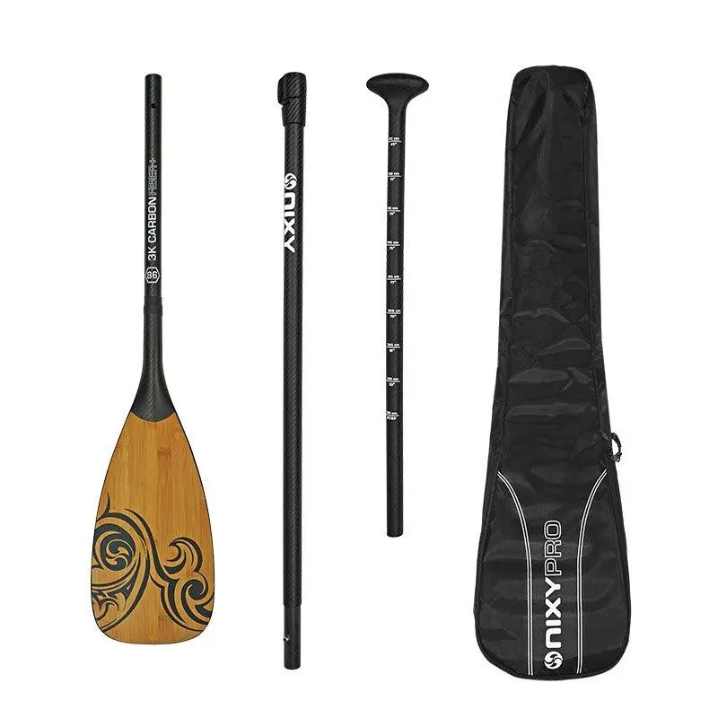 NIXY Pro 3-Piece Adjustable 100% Carbon Fiber SUP Paddle with Bamboo Veneer & Premium 37.5" Bag for Serious Paddlers