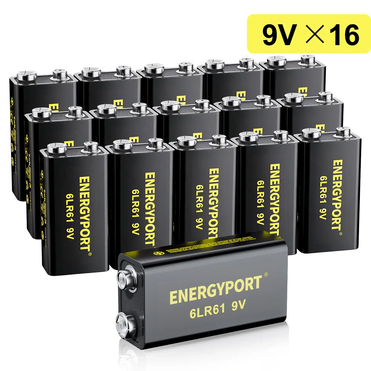 ENERGYPORT 9V Alkaline High Capacity Replacement Batteries (16 Count, 6LR61) - Leakproof, Ultra Long-Lasting, 10-Year Shelf Life for Home & Office Smoke/CO Detectors, Electronics, High Capacity Battery