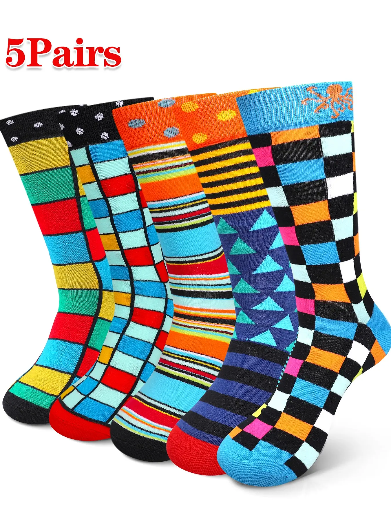 5 Pairs Multicolor Checked Geometric Men's Mid-Calf Polyester Knit Socks, Fashion Breathable Sports Socks, Comfortable Versatile Casual Socks for Daily Wear, Funky Socks, Casual Comfy Socks