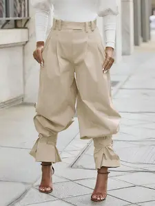 High-Waisted Pleated Tie-Back Lantern Pants for Women, Loose Fit Wide Leg Pants with Ruffle Hem, Cross-Border Wholesale Fashion, Womenswear Bottoms