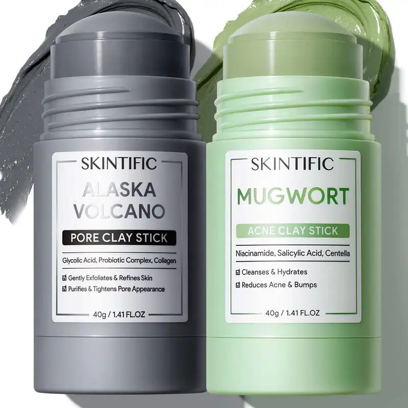 SKINTIFIC Clay Stick 2‑Pack Kit, Mugwort & Volcano Formulas, Deep Pore Purifying, Oil Control, Evens Skin Tone, Non‑Drying Cleanser