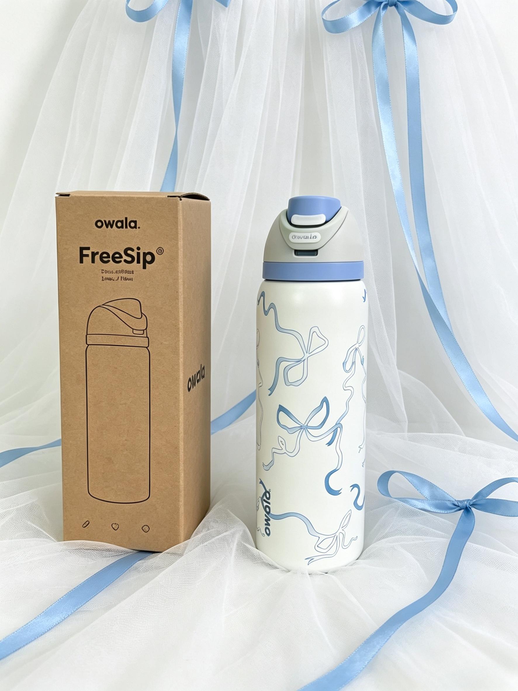 Owala 32oz Inspired Insulated Stainless Steel Water Bottle, Leak-Proof BPA-Free, Cute Coquette Blue Ribbon Print Reusable Flask for School &  Drinkware Portable Bottled Tumbler  spill mini filtered  coffee  travel witchy mug father day beer Carabiner Mug