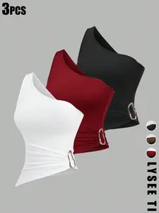 3pcs women's one shoulder asymmetrical solid top set with metal buckle decoration, Breathable, Lightweight, Casual, suitable for beach vacation, spring and summer wear