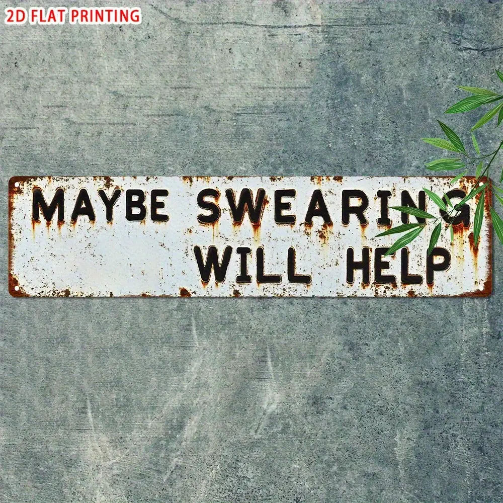 Retro "Maybe Swearing Will Help" Tin Sign - 2D Flat Print Metal Wall Plaque, Home Office Wardrobe Accent Decoration for Kpop, Emo, Sweet Jackie Fans