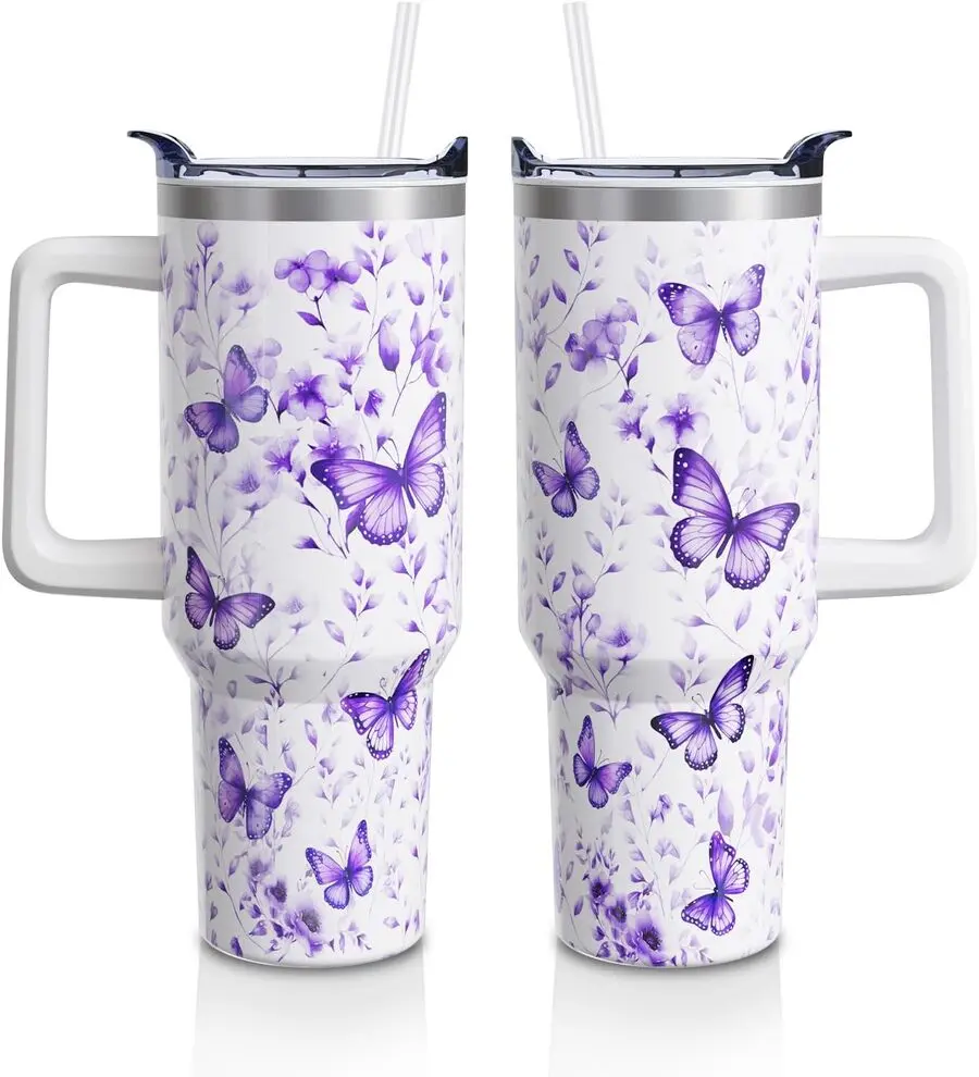 Women's 40oz Lavender Butterfly Double-Wall Insulated Stainless Steel Tumbler - Portable Leak-Proof Water Bottle with Handle, Straw, Lid, for Teachers, Aunts, Indoor-Outdoor Kitchenware Drinkware Use (1PC, Floral Print)