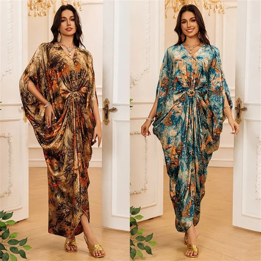 Women's 2025 Casual Modest Cotton Abaya Dress - Dubai Floral Print, Batwing Sleeves, V-Neck Marocain Caftan, Abaya Dresses for Muslim Wear, Modest Wear, Full Length, V Neck Shirt, One-Size Fit