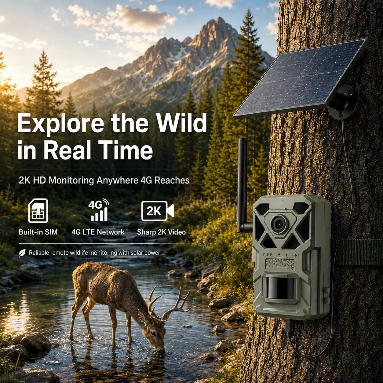 2K HD Solar Powered Wireless 4G LTE Cellular Trail Cameras with Live Streaming, Game Camera Built-in SIM Card WiFi, Not Supported, WaterProof, 24MP Photos, 2K Videos| Motion Activated, Night Vision, Best Hunting Accessories, GPS