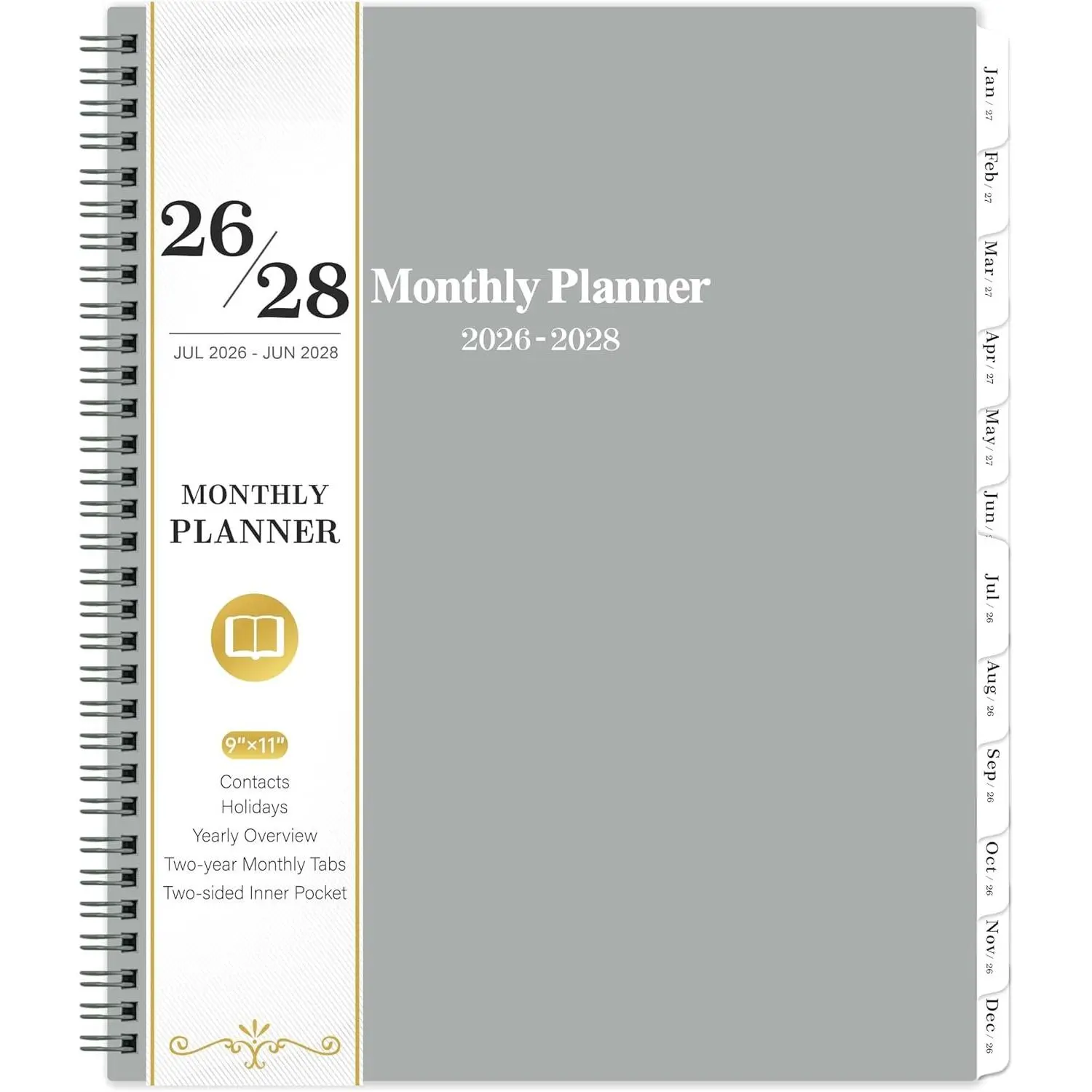 2026-2028 Monthly Planner/Calendar - 2 Year Planner 2026-2028, Monthly Tabs, 9'' x 11'', July 2026 - June 2028, Hard Cover, Inner Pocket - Grey