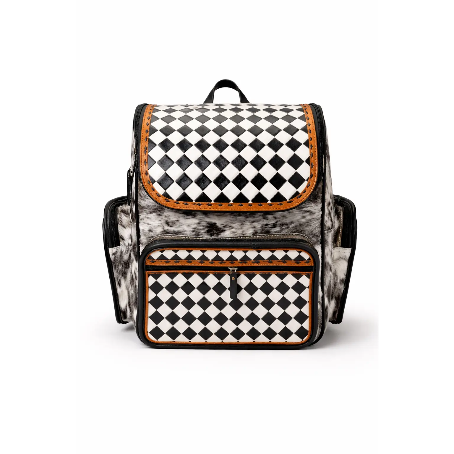 Western Checkered Backpack with Hair-on Cowhide, Structured Boutique Travel Bag for Casual and Dressed-Up Styles, Casual Outfits, Dressed-Up Western Styles, Hair-On Cowhide Panels, Built-In Organizer Pockets, Roomy, Zipper, Adjustable Strap, Everyday Wear