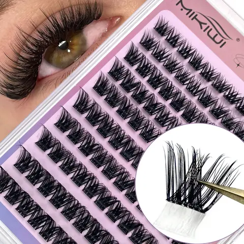 MIKIWI D Curl 110PCS Lash Clusters Wispy Glue Free Eyelash Extensions Fluffy Self Adhesive Individual Lashes 10-16mm Mix Length Natural DIY Cluster Lashes With Soft Thin Band