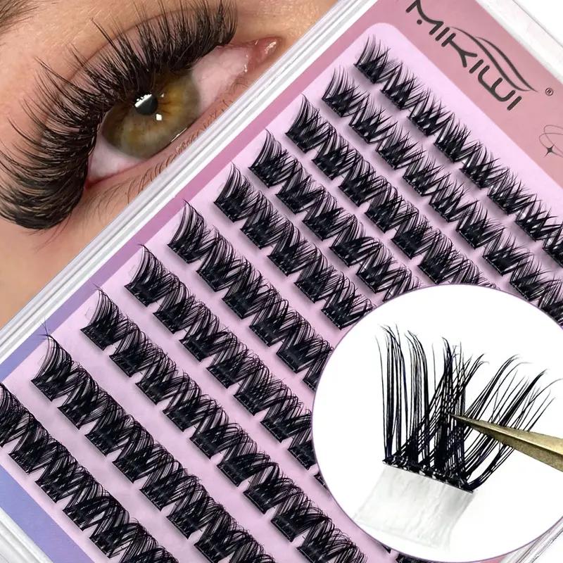 MIKIWI D Curl 110PCS Lash Clusters Wispy Glue Free Eyelash Extensions Fluffy Self Adhesive Individual Lashes 10-16mm Mix Length Natural DIY Cluster Lashes With Soft Thin Band