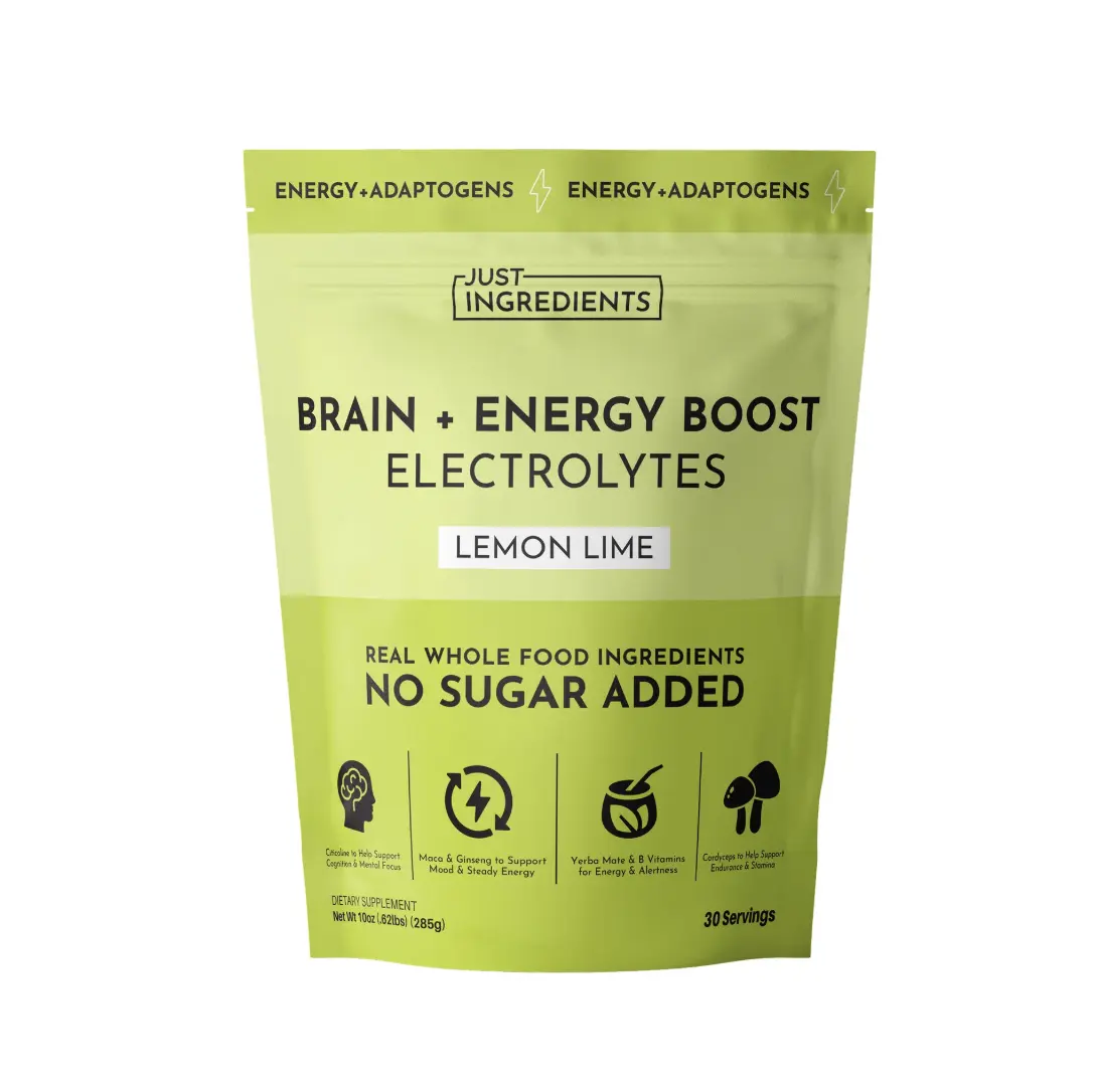 Just Ingredients Brain + Energy Boost Electrolytes Lemon Lime 30 Servings No Sugar Added with Citicoline & Adaptogens for Focus & Hydration