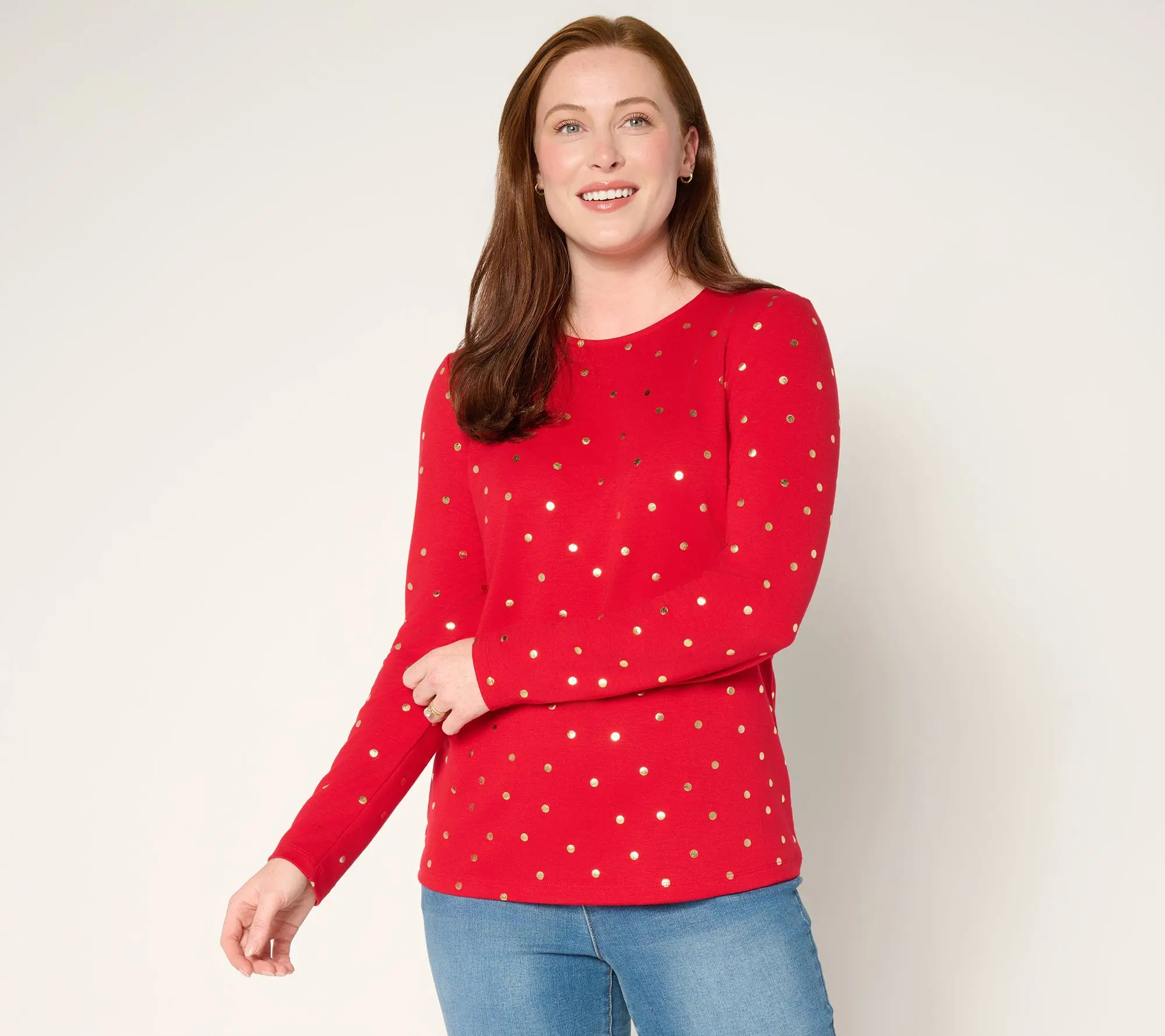 Denim & Co. Jersey Foil Dot Crew Neck Top