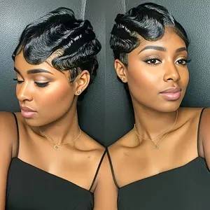 2025 NEW Wholesale 1pc Elegant Pixie Cut Finger Wave Wig, 4 Inch, 150% Density Remy Human Hair, Women'S Short Curly Hairstyle