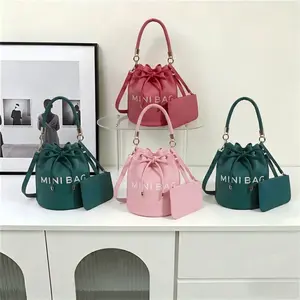 Women’s Large Capacity Bucket Bag with Letter Print | Solid Color Drawstring Pleated Crossbody Handbag