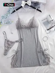 Women's Solid Color Lace Trim Cami Nightdress Sleeveless & Thong Sexy Sleepwear Two-Piece Set, Soft Comfortable Nighty Dress & Panty Set, Women's Sleepwear for All Seasons, Loungewear, Womenswear