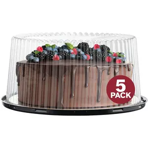 Plastic Disposable Cake Containers Carriers With Dome Lids And Cake Boards [5 Pack] And Cake Server | Round Bundt Cake Boxes / Cover | 2-3 Layer Cake Holder Display Containers For Transport