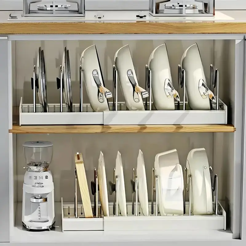 Adjustable Lid & Pan Organizer-Kitchen Drawer Storage Shelf Rack 7 Adjustable Dividers Sliding Lid Holder and Pan Rack in Kitchen, Slide Out inside Cabinet Storage for Pot Lid, Bakeware